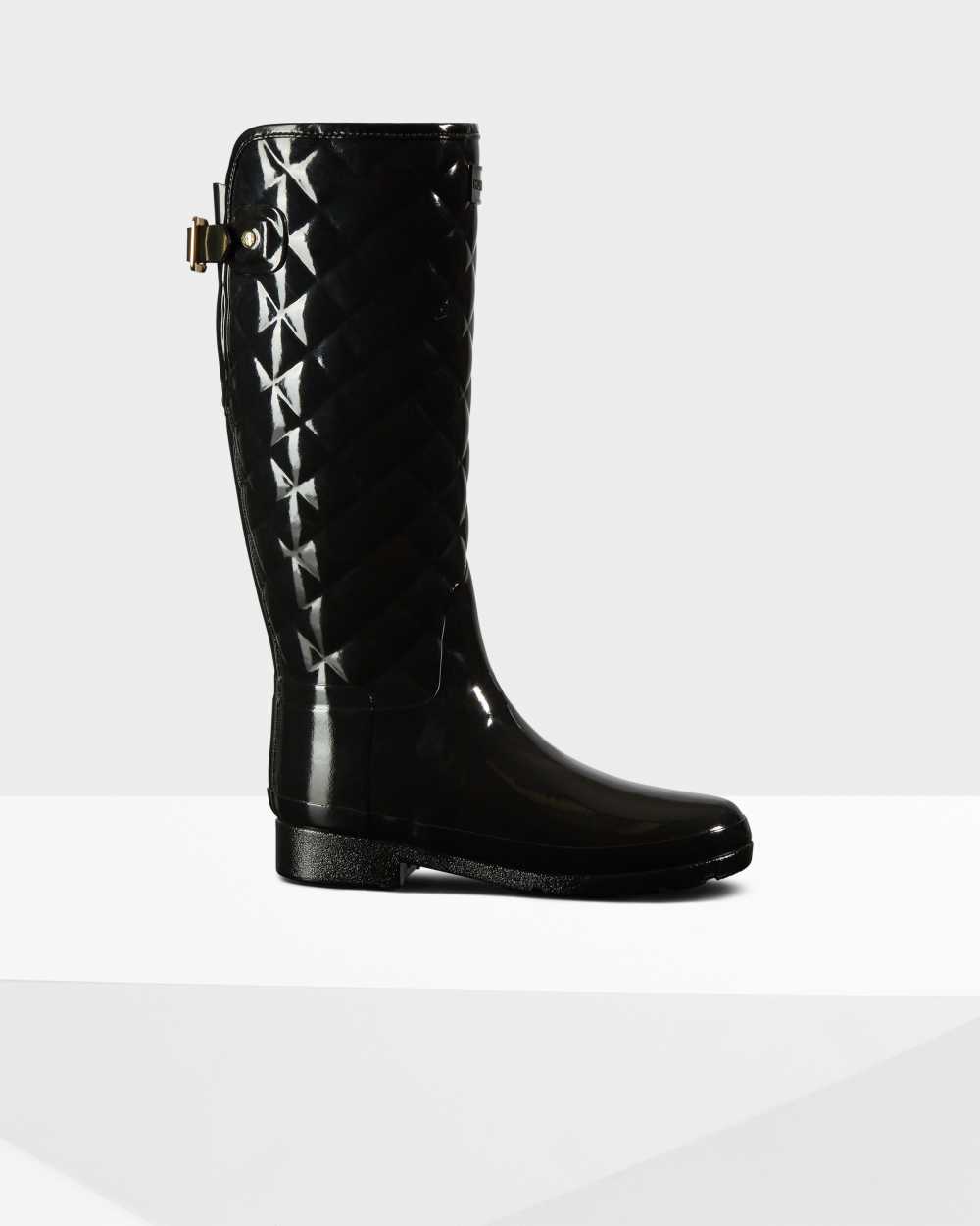 Womens Hunter Refined Slim Fit Adjustable Quilted Tall Rain Boots Black | UAIBEM-023